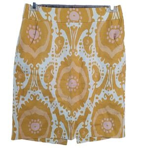 J. Crew 100% Linen Pencil Skirt Size 8 Mustard Yellow Ochre Ikat Back Slit